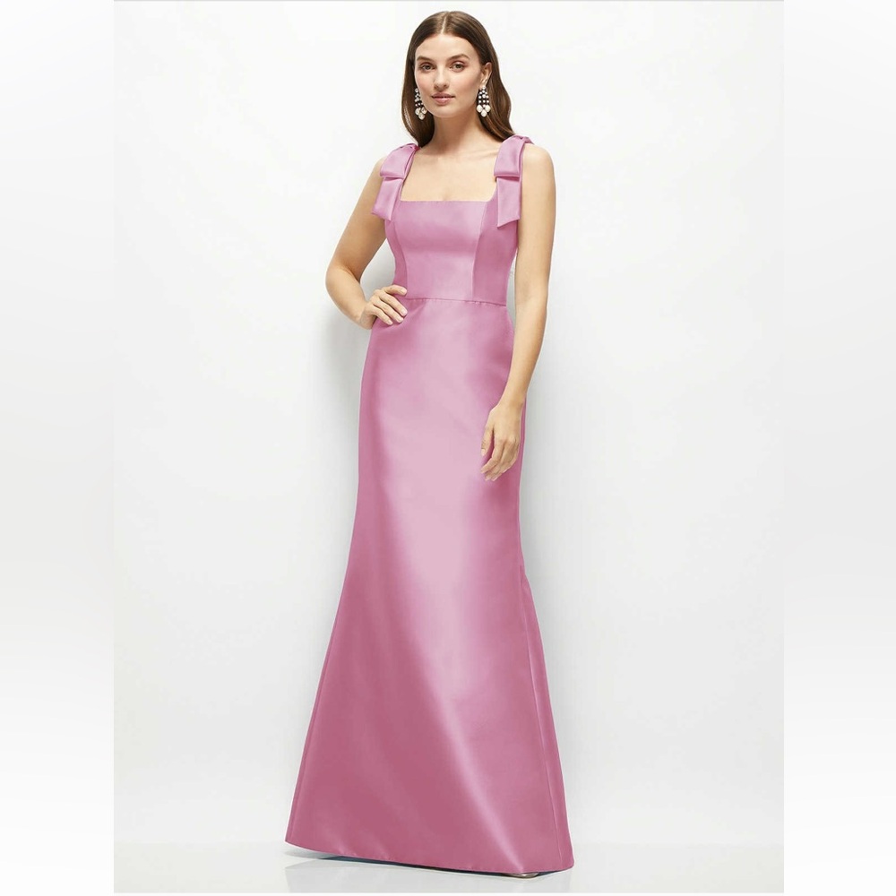 Dessy Group - Fit and Flair Maxi Dress with Shoulder Bows - Size 6 Powder Pink